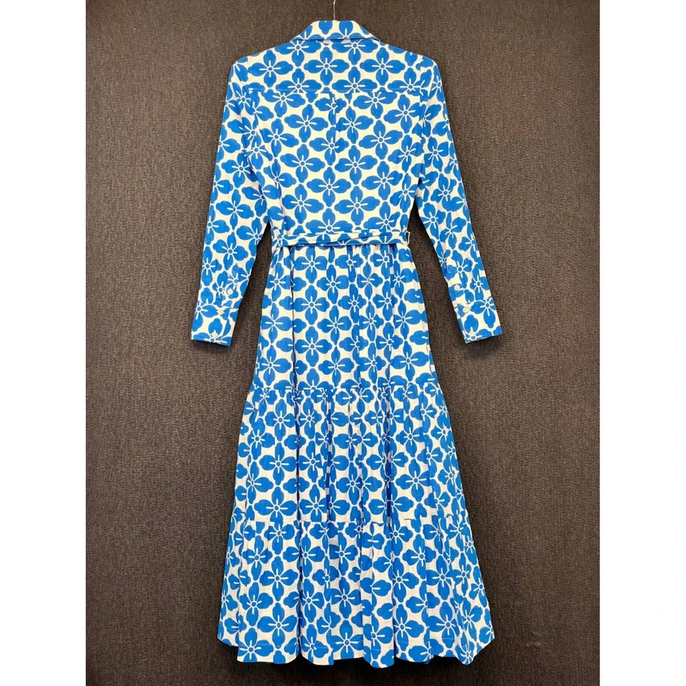 Boden Blue White Floral Cotton Tiered Midi Shirt Dress Pockets US 2R D0468